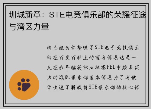 圳城新章：STE电竞俱乐部的荣耀征途与湾区力量
