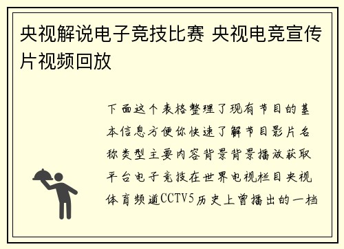 央视解说电子竞技比赛 央视电竞宣传片视频回放